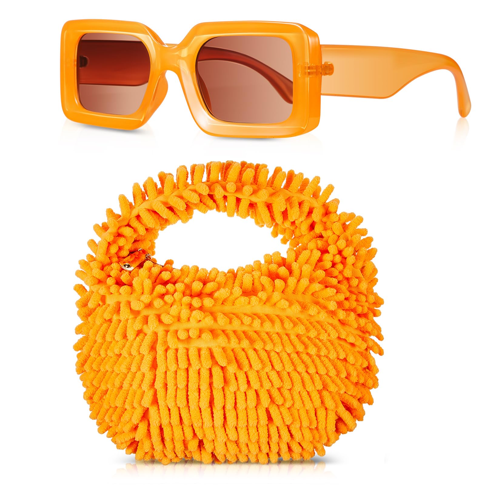 Abbylike Y2k Fuzzy Orange Purse and Orange Sunglasses for Women Cute Plush Fluffy Tote Bag Square Retro Sunglasses Fuzzy Purse for Women Christmas Thanksgiving Gift