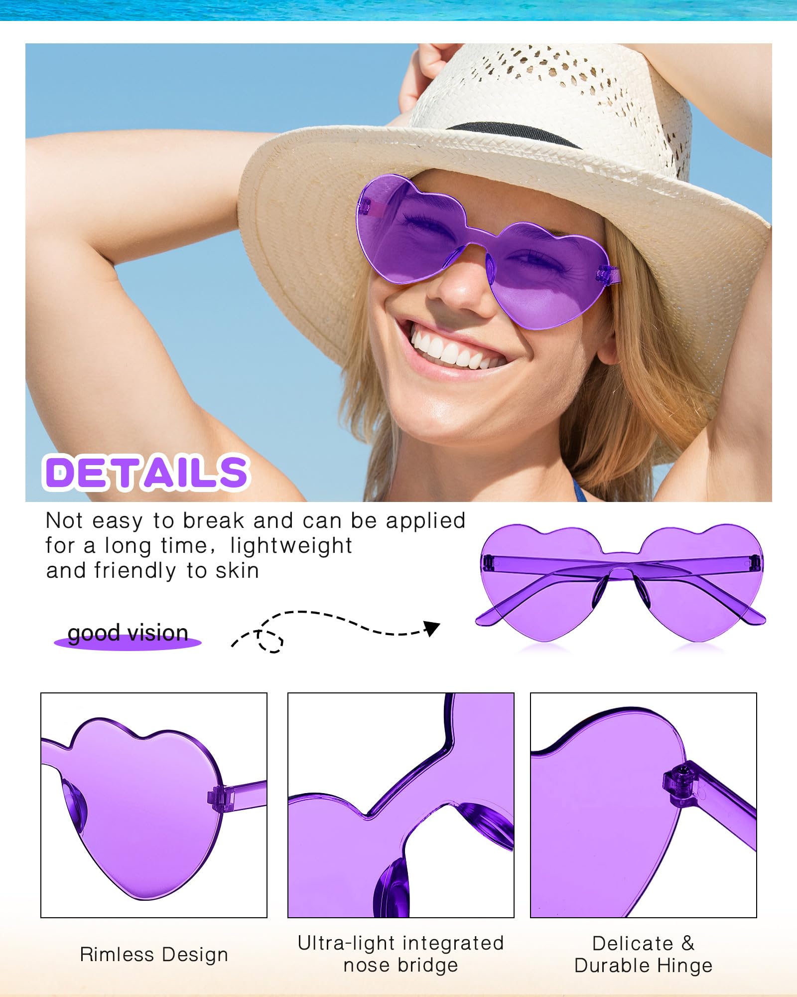 Colzzy 24 Pair Heart Shaped Rimless Sunglasses Transparent Candy Color Frameless Glasses Tinted Eyewear(Bright Colors)