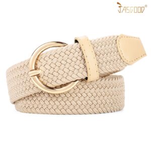 JASGOOD Women Braided Woven Elastic Stretch Belt Canvas Casual Belt for Jeans Pants, A-Beige