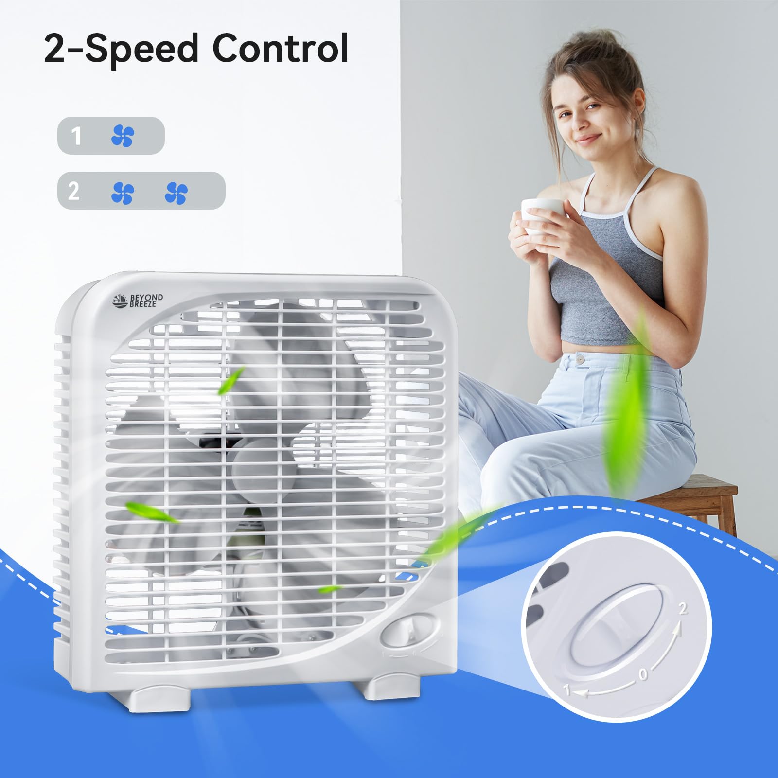 BEYOND BREEZE Box Fan, 9 inch 2 Speeds Table Fan with Strong Airflow, Portable Tabletop Fan for Bedroom, Bathroom, Kitchen