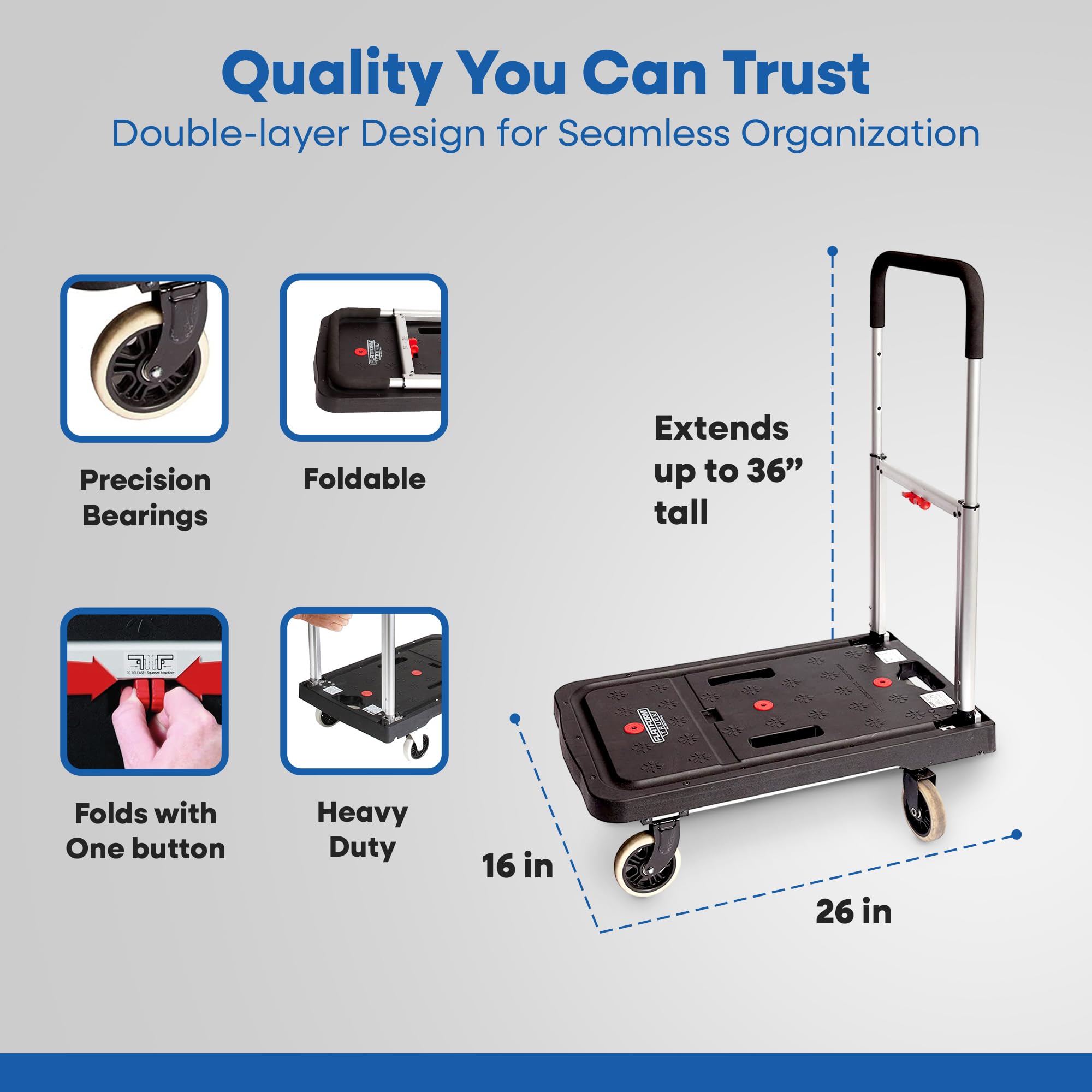 Magna Cart FF 4 Rubber 360-Degree Rotating Wheel Easy Folding Platform Transport Cart with 300 Pound Capacity and Telescoping 36-Inch Handle, (2 Pack)