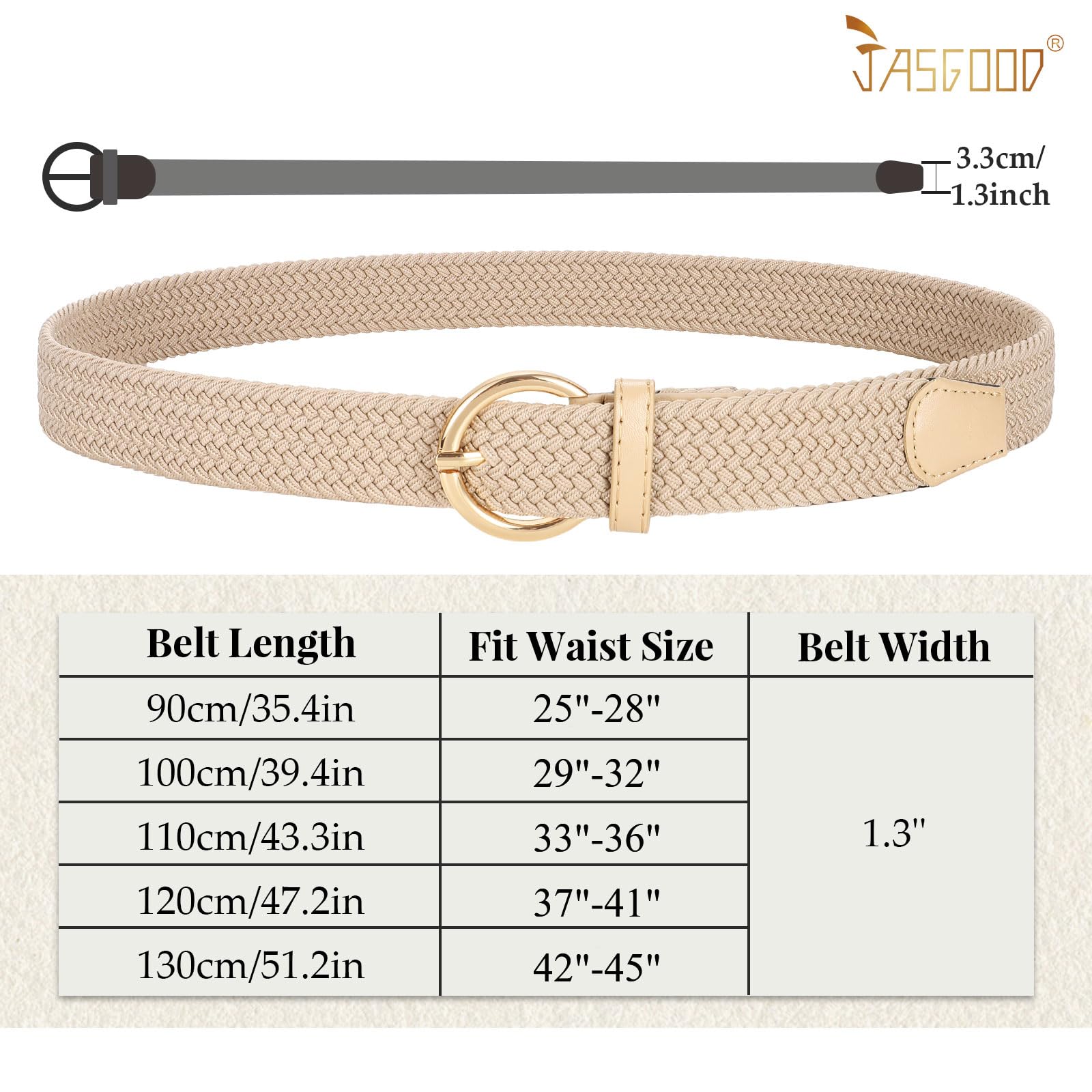 JASGOOD Women Braided Woven Elastic Stretch Belt Canvas Casual Belt for Jeans Pants, A-Beige