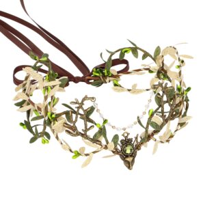 MOSTORY Handmade Forest Leaf Crown - ELf Woodland Hadpiece Fairy Green Branch Tiara Elven Vine Circlet with Rhinestone Tassel for Renaissance Party Cosplay Halloween Photo Prop