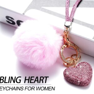 HONYJOOM Pink Heart Keychains for Women, Cute Bling Wristlet Accessories Girly Aesthetic Key Chain Charms for Car Keys, Backpack Puff Ball