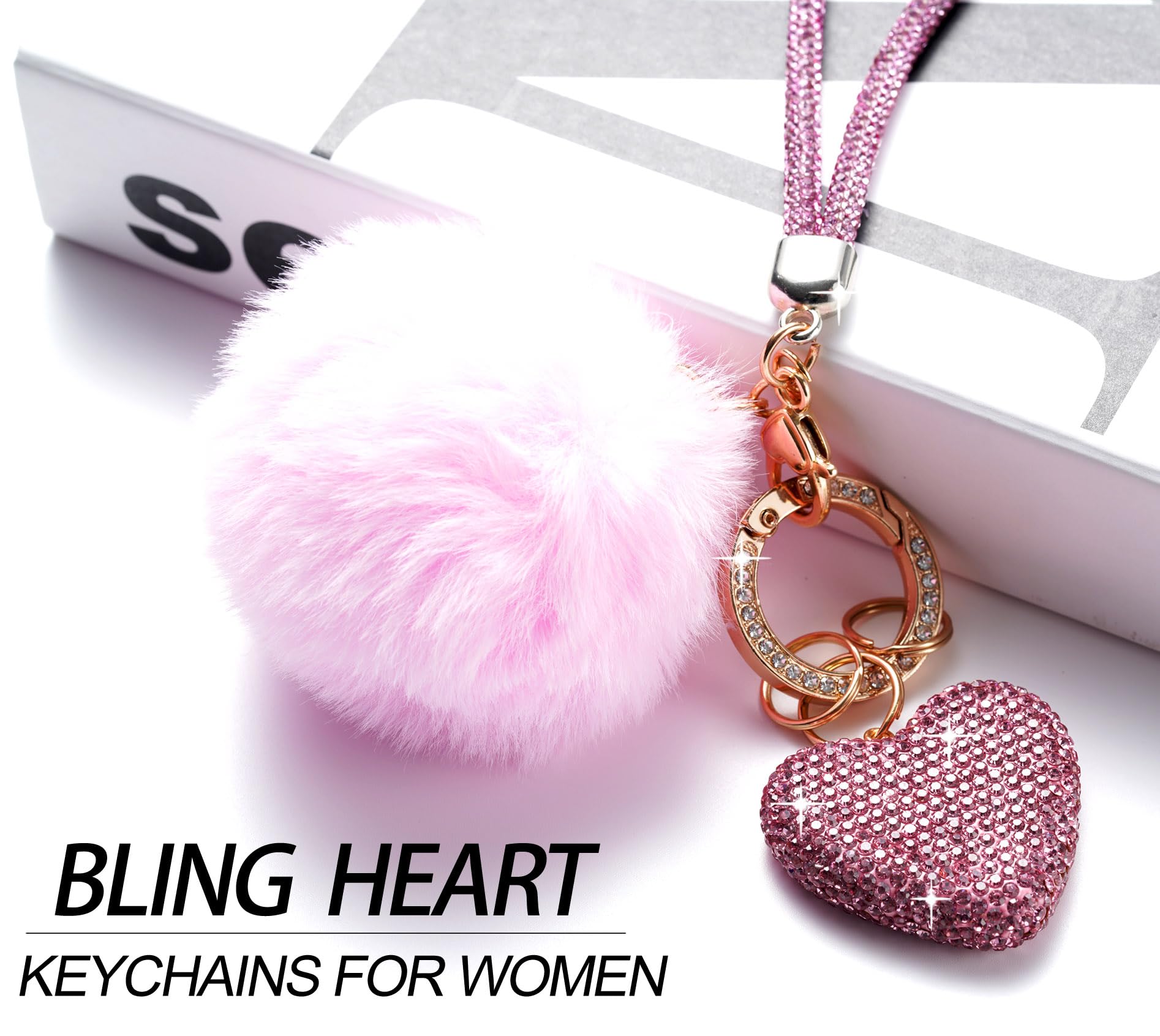 HONYJOOM Pink Heart Keychains for Women, Cute Bling Wristlet Accessories Girly Aesthetic Key Chain Charms for Car Keys, Backpack Puff Ball