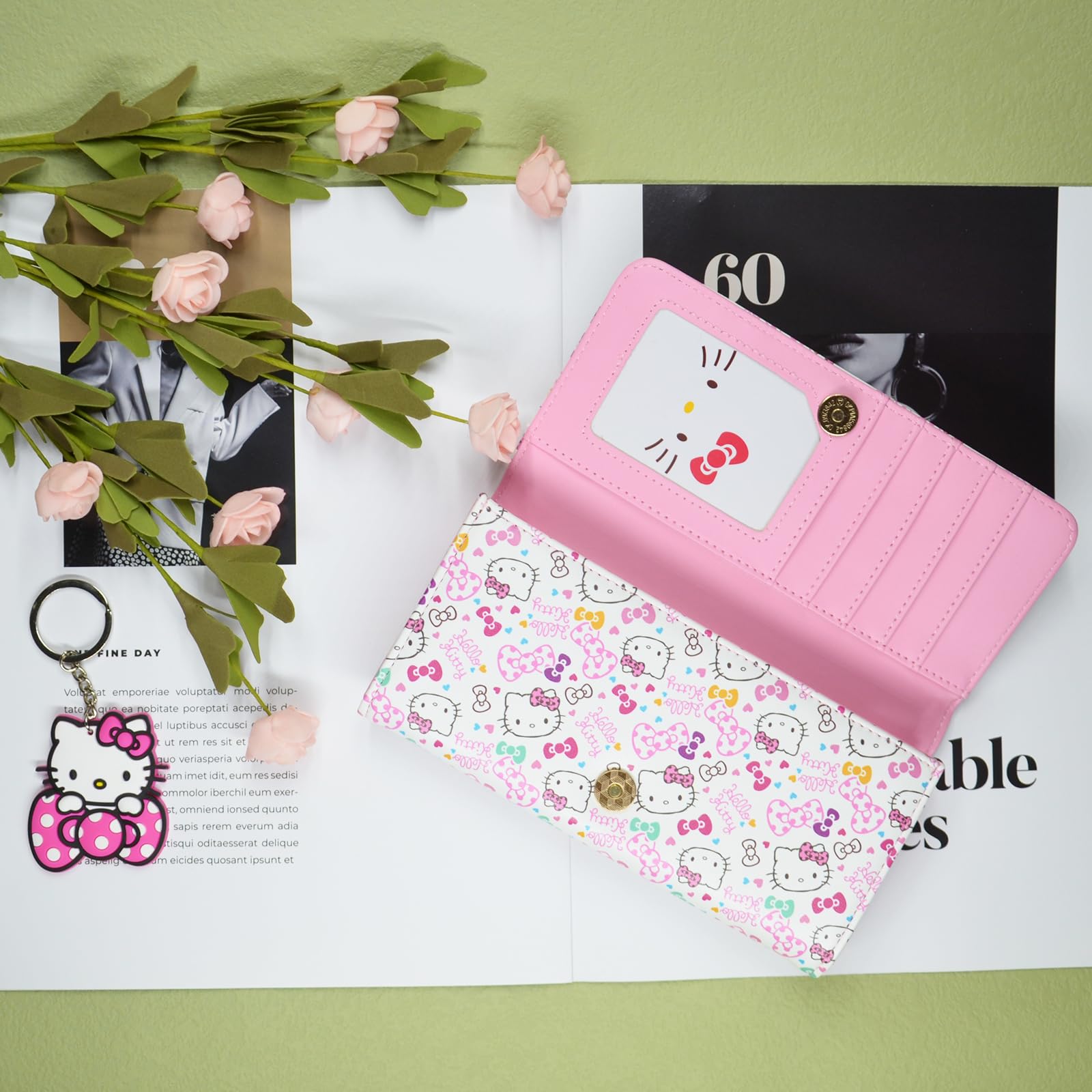 Kawaii Kitty Cat Wallet with A Keychain, ID Card Holder Purse Pouch with Buckle, PU Wallet Durable Card Holder Credit Card Holder Money Bag for Students Teens Girls Boys