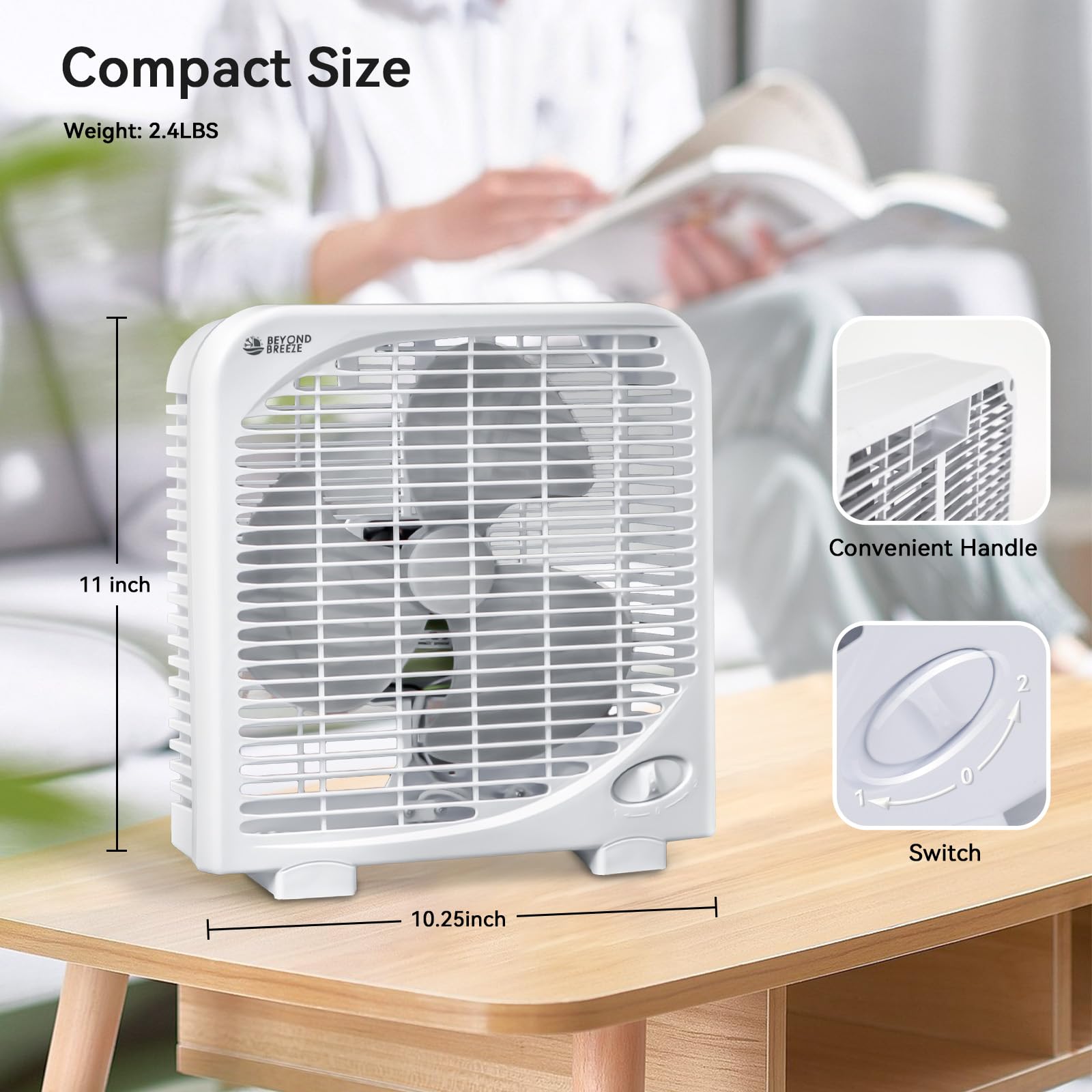 BEYOND BREEZE Box Fan, 9 inch 2 Speeds Table Fan with Strong Airflow, Portable Tabletop Fan for Bedroom, Bathroom, Kitchen