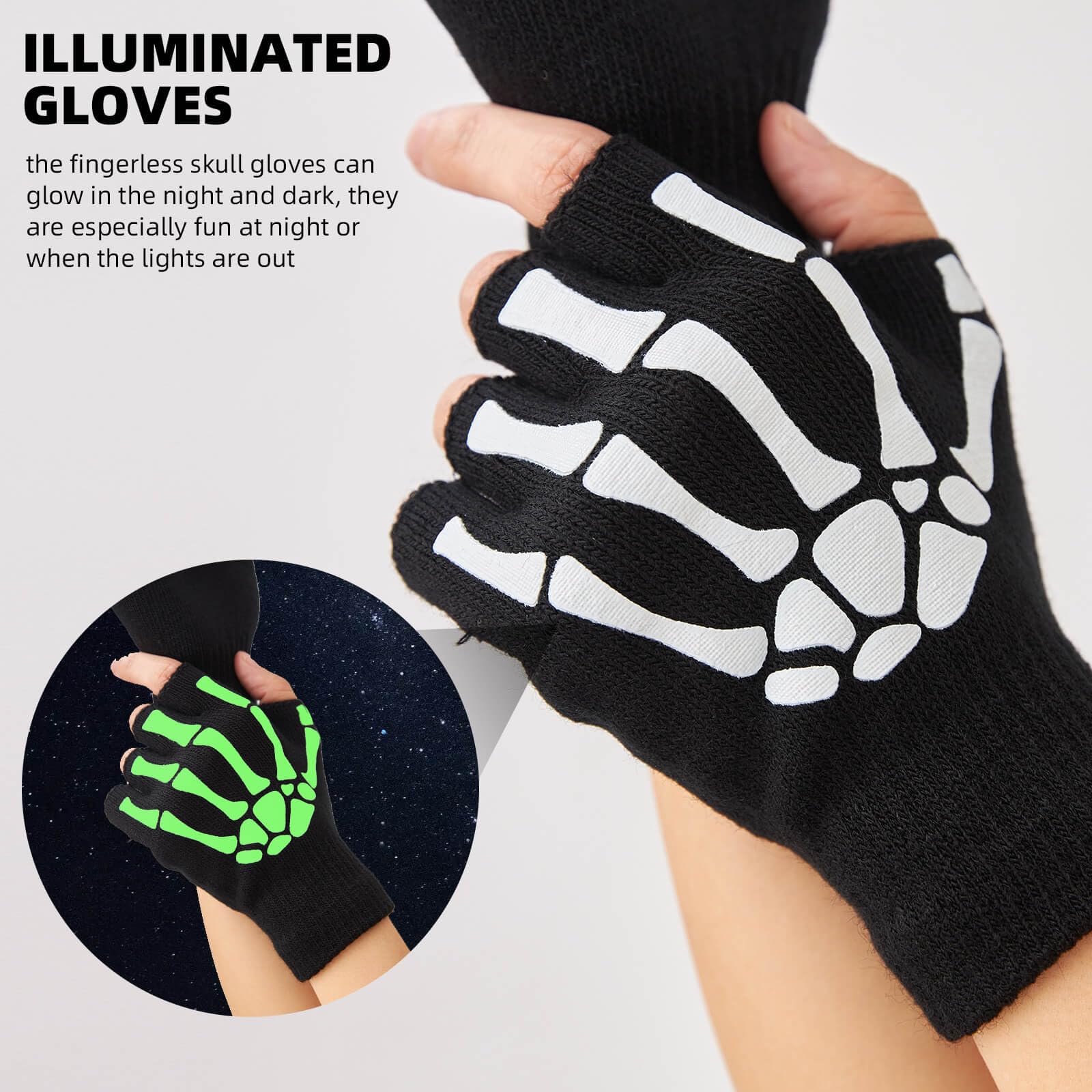 OTPEH Skeleton Gloves For Women Men Adults Fingerless Goth Gloves Glow In The Dark Halloween Costume Emo Accessories