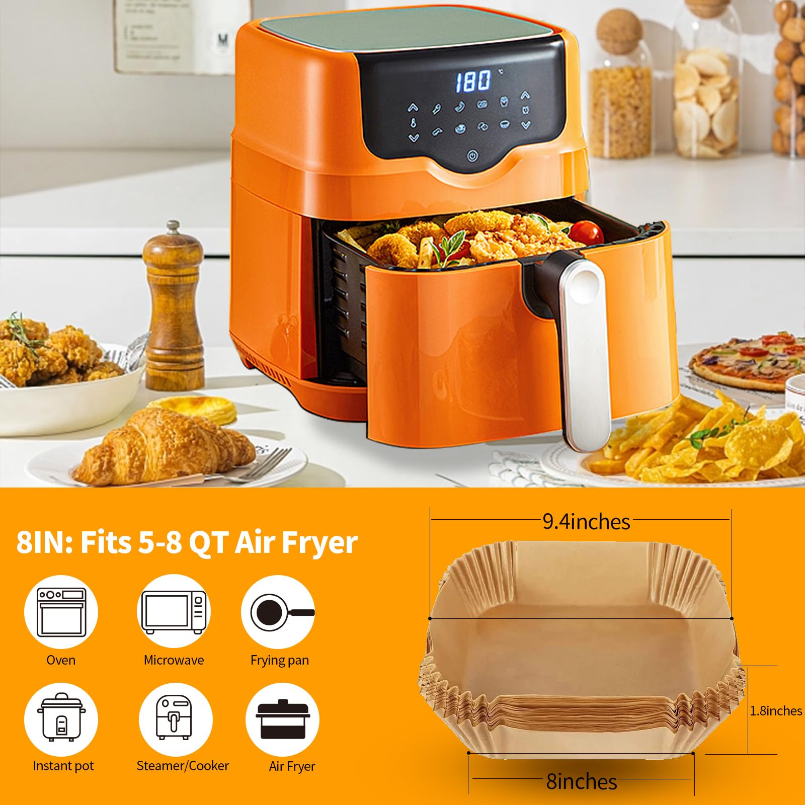 YOISDJL 200pcs Air Fryer Liners, 8.7" Square Parchment Disposable Paper Liner for Air Fryer, Baking, Roasting and Microwave, Non-Stick liner Accessories