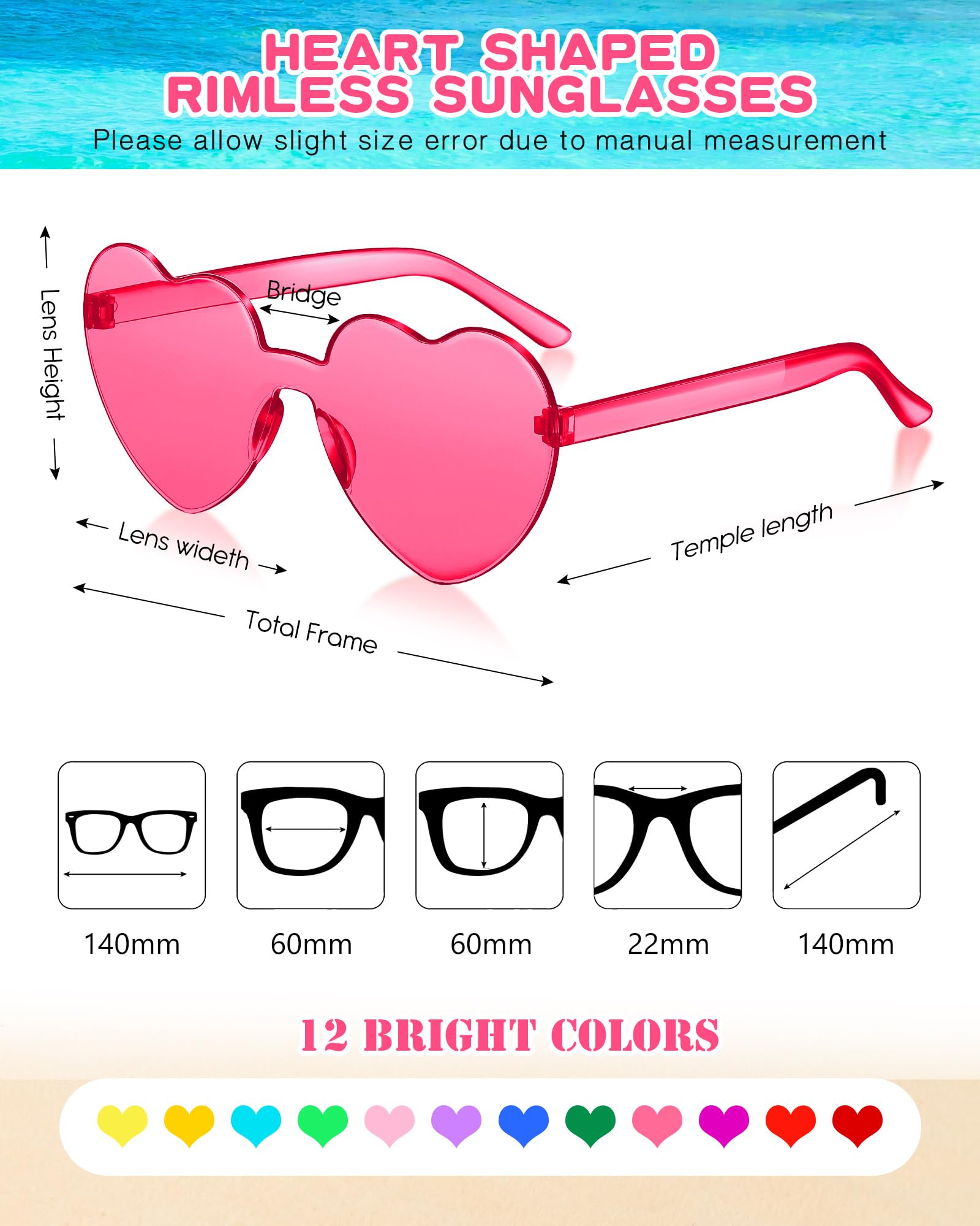 Colzzy 24 Pair Heart Shaped Rimless Sunglasses Transparent Candy Color Frameless Glasses Tinted Eyewear(Bright Colors)