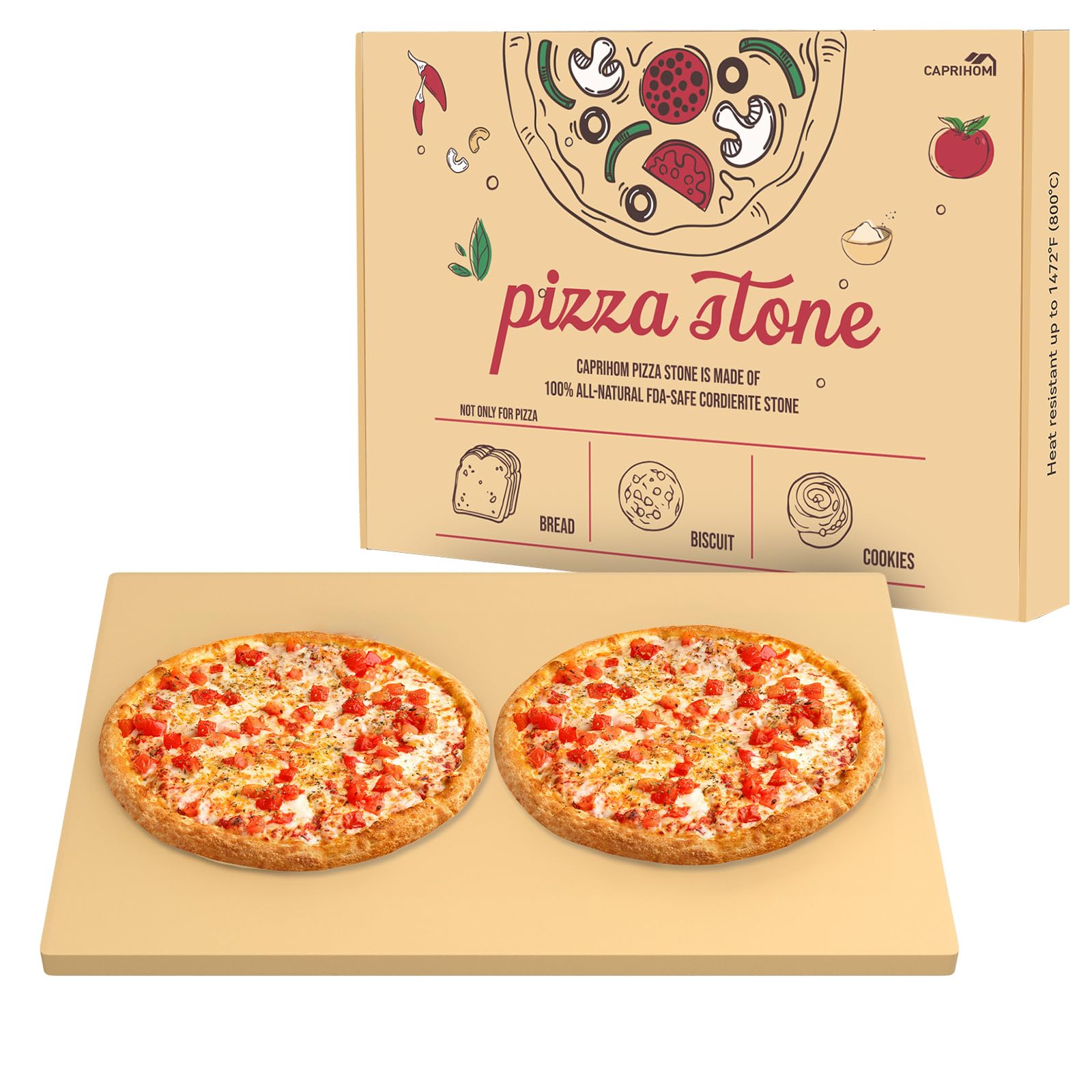 Caprihom Large Pizza Stone 20" x 13.5" Pizza Stone for Grill Rectangular Baking Pizza Stone for Oven Heavy Duty Cordierite Stone, Ideal for Baking Different Sizes of Pizzas