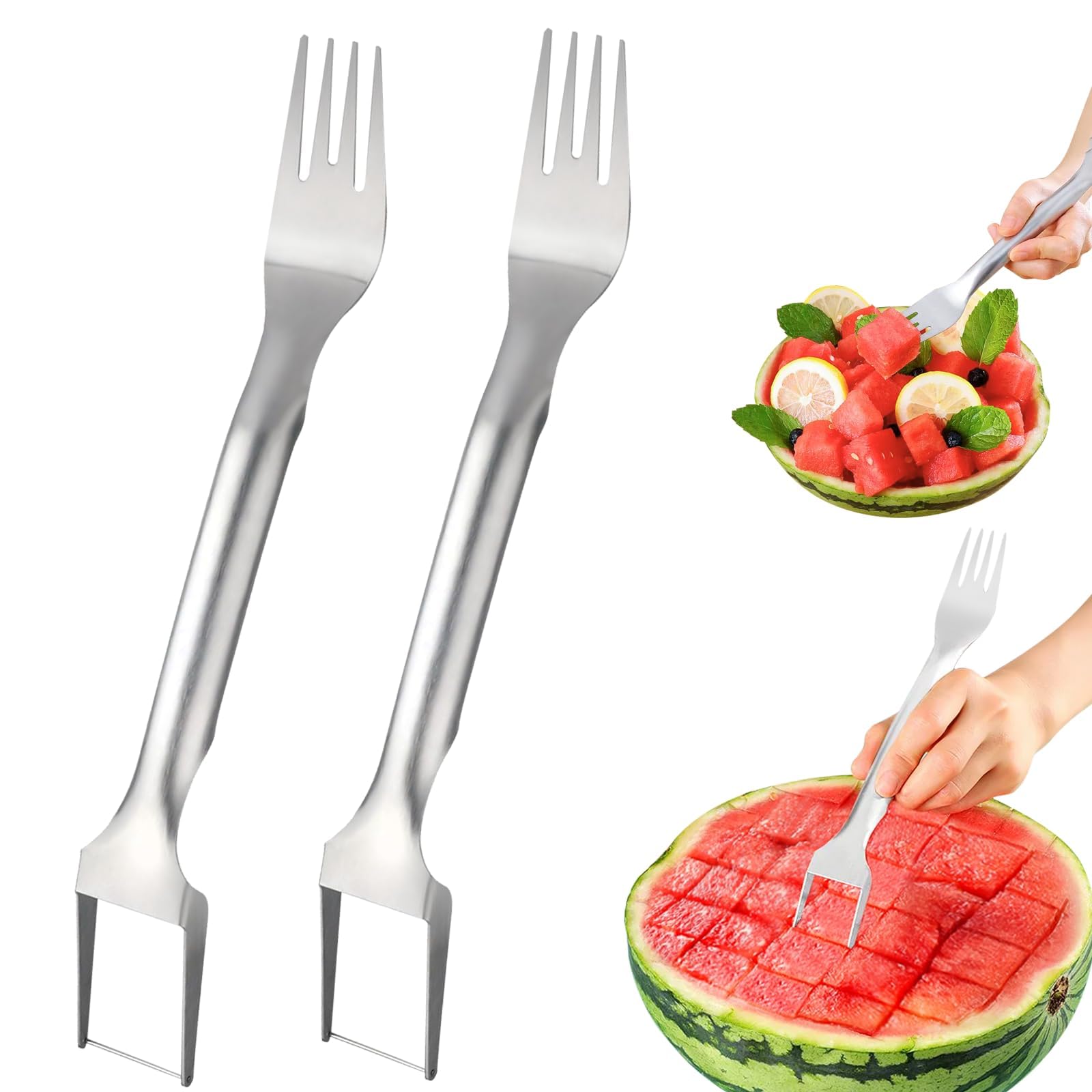 2 Pack 2-in-1 Watermelon Fork Slicer Cutter, Summer Stainless Steel Watermelon Fruit Cutter, Portable Watermelon Slicer, Fruit Forks Slicer Knife Kitchen Gadgets for Family Parties Camping