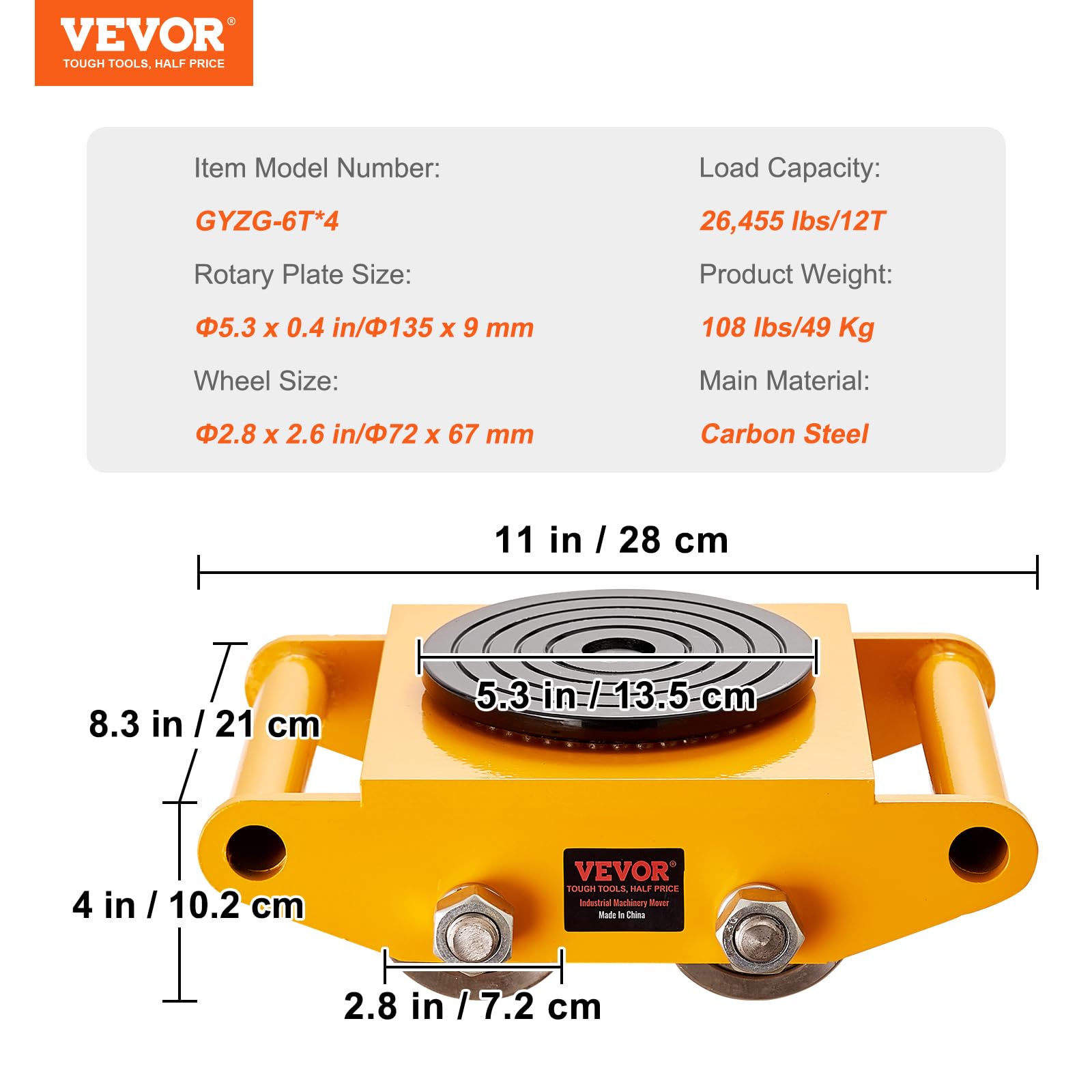 VEVOR 4PCS Machinery Skate Dolly, 26455LBS/12T Industrial Machinery Mover, Heavy Duty Carbon Steel Machinery Moving Skate & 4 Carbon Steel Wheels and 360° Rotation Non-Slip Cap for Warehouse, Factory