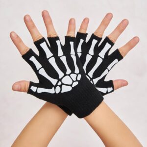 OTPEH Skeleton Gloves For Women Men Adults Fingerless Goth Gloves Glow In The Dark Halloween Costume Emo Accessories