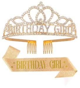 papoopy birthday tiara and crown with sash for women, hair accessories for wedding party costume (a1 - gold)