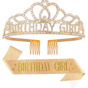 Papoopy Birthday Tiara and Crown with Sash for Women, Hair Accessories for Wedding Party Costume (A1 - Gold)