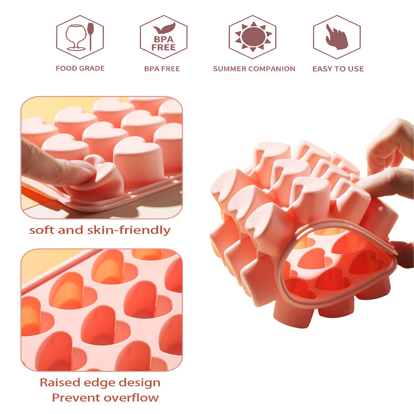 2 Pack Heart-Shaped Ice Cube Trays with lid and bin - 48 Holes Silicone Mini Heart Ice Cube Tray, BPA Free and Dishwasher Safe, Heart Shape Ice Cube Mold, Easy to Remove