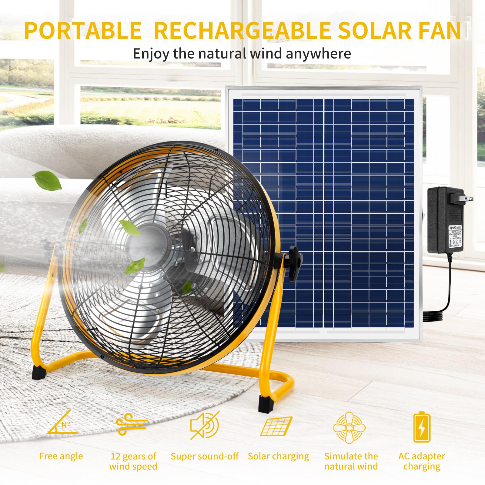 CYBERDAX 16 Inch Portable Rechargeable Solar Floor/Table Fan, Air Circulation Fan Powered by Solar Panel and AC Charger Dual Input for Indoor Household, Office, Camping, Picnic Outdoors