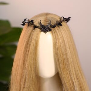 MOSTORY Handmade Moon Elf Headpiece - Woodland Forest Crown Fairy Goddess Tiara Elven Circlet Medieval Queen Festive Accessory for Women Girls Halloween Cosplay Renaissance Black