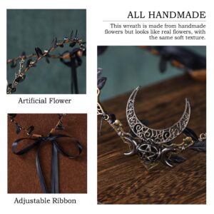 MOSTORY Handmade Moon Elf Headpiece - Woodland Forest Crown Fairy Goddess Tiara Elven Circlet Medieval Queen Festive Accessory for Women Girls Halloween Cosplay Renaissance Black