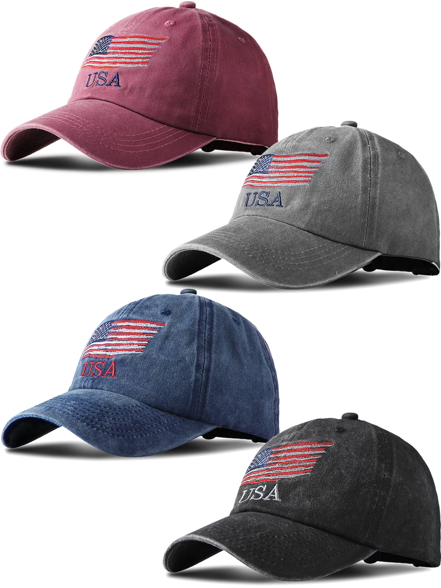 ROLVNHTV 4 Pieces USA Flag Hat American Patriotic Baseball Cap Tactical Hat for Men Adjustable Cotton Dad Hat Women Teens