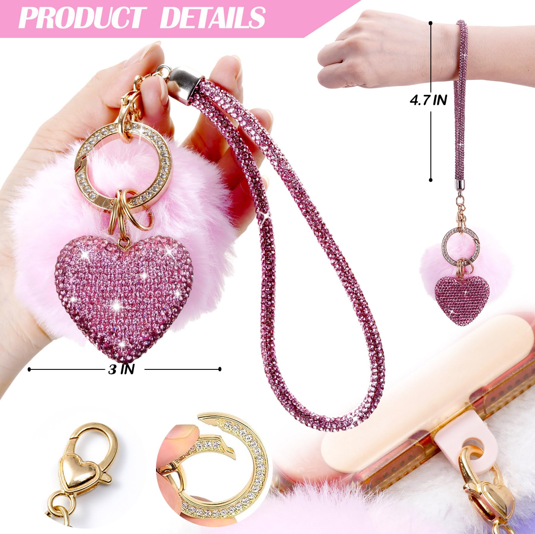 HONYJOOM Pink Heart Keychains for Women, Cute Bling Wristlet Accessories Girly Aesthetic Key Chain Charms for Car Keys, Backpack Puff Ball