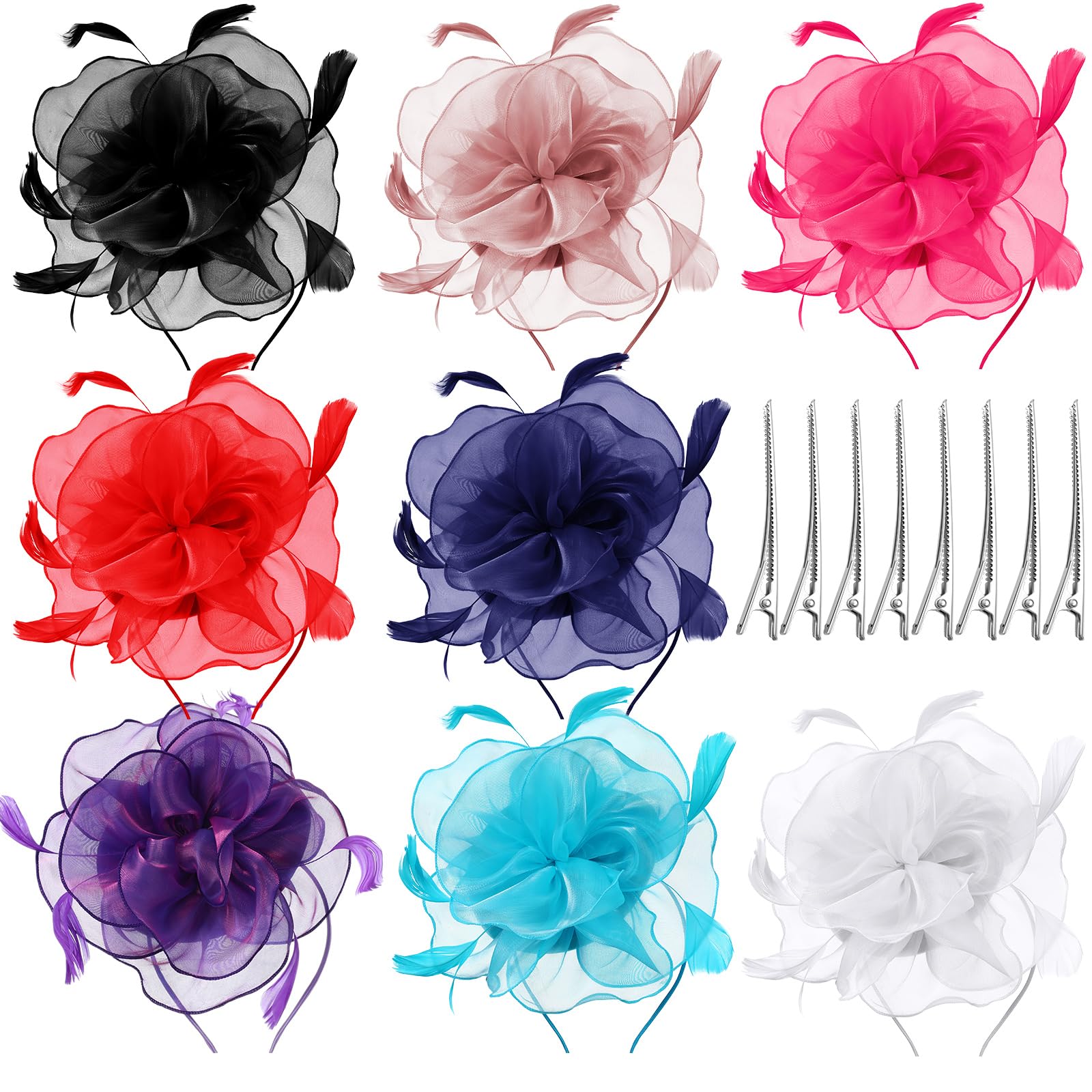 Yunsailing 8 Pack Women's Fascinators Hat Tea Party Wedding Derby Mesh Flower Feather Fascinator Hat with Headband and Clip(Multi Colors)