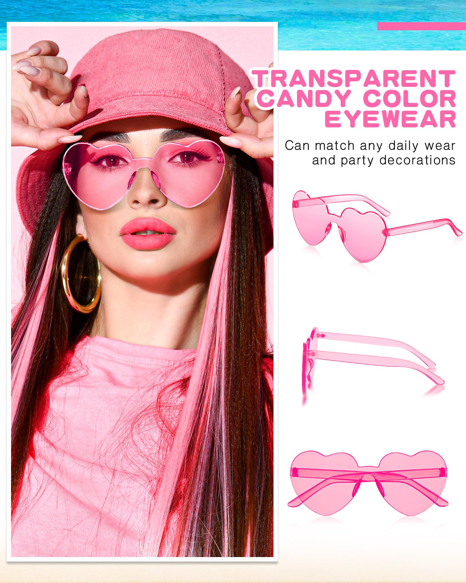 Colzzy 24 Pair Heart Shaped Rimless Sunglasses Transparent Candy Color Frameless Glasses Tinted Eyewear(Bright Colors)