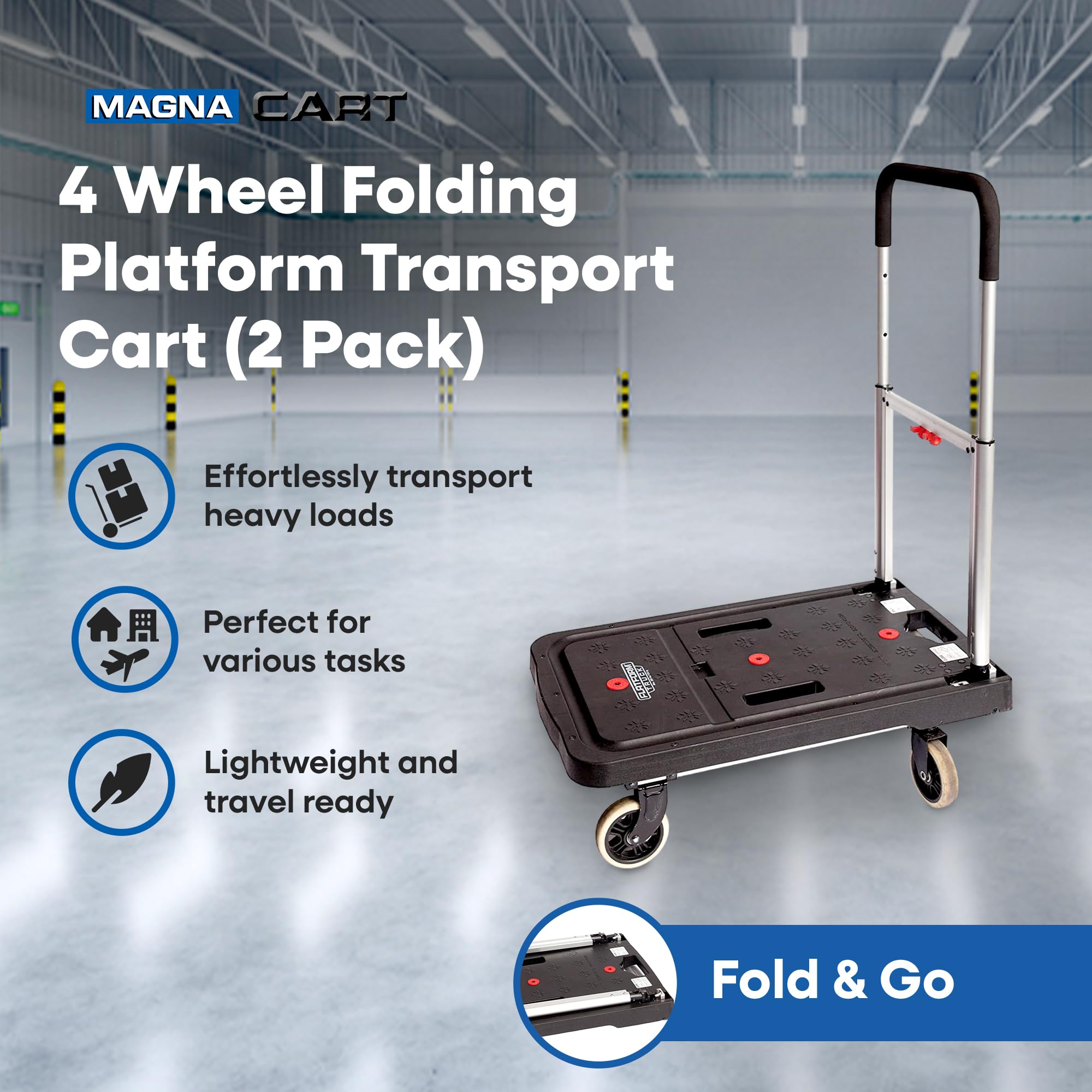 Magna Cart FF 4 Rubber 360-Degree Rotating Wheel Easy Folding Platform Transport Cart with 300 Pound Capacity and Telescoping 36-Inch Handle, (2 Pack)