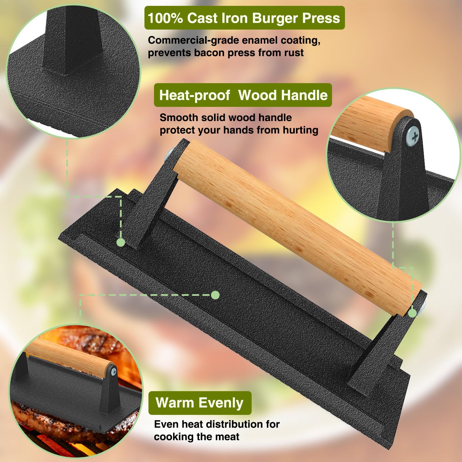 Wildone Burger Press, 7" Round & 8.2"X4.3" Rectangle Heavy-Duty Cast Iron Smash Bacon Press Meat Steak with Wood Handle for Griddle, Sandwich, Panini, Nonstick Pan