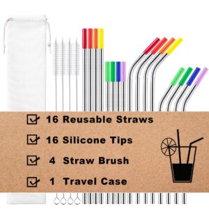 reusable stainless steel straws -16 pack 10.5" & 8.5" reusable straws with 4 straw cleaner brush and 16 silicone tips with 1 travel case, eco friendly extra long metal straws for 20 24 30 oz tumbler