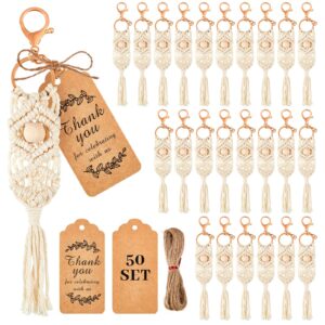 huquary 50 set boho macrame keychain bulk with tassel and kraft thank you tags boho party favors for key purse wallet (bead style)