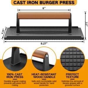 Yoehka Cast Iron Grill Press-2PCS, Heavy Duty Bacon/Burger/Griddle/Chef Press with Wood Handle, Perfectly Grilled Steak,Meat,Sandwich,Panini, 2.25lbs Cooking Weight,Rectangle(8.27"×4.25"×3.35”in)