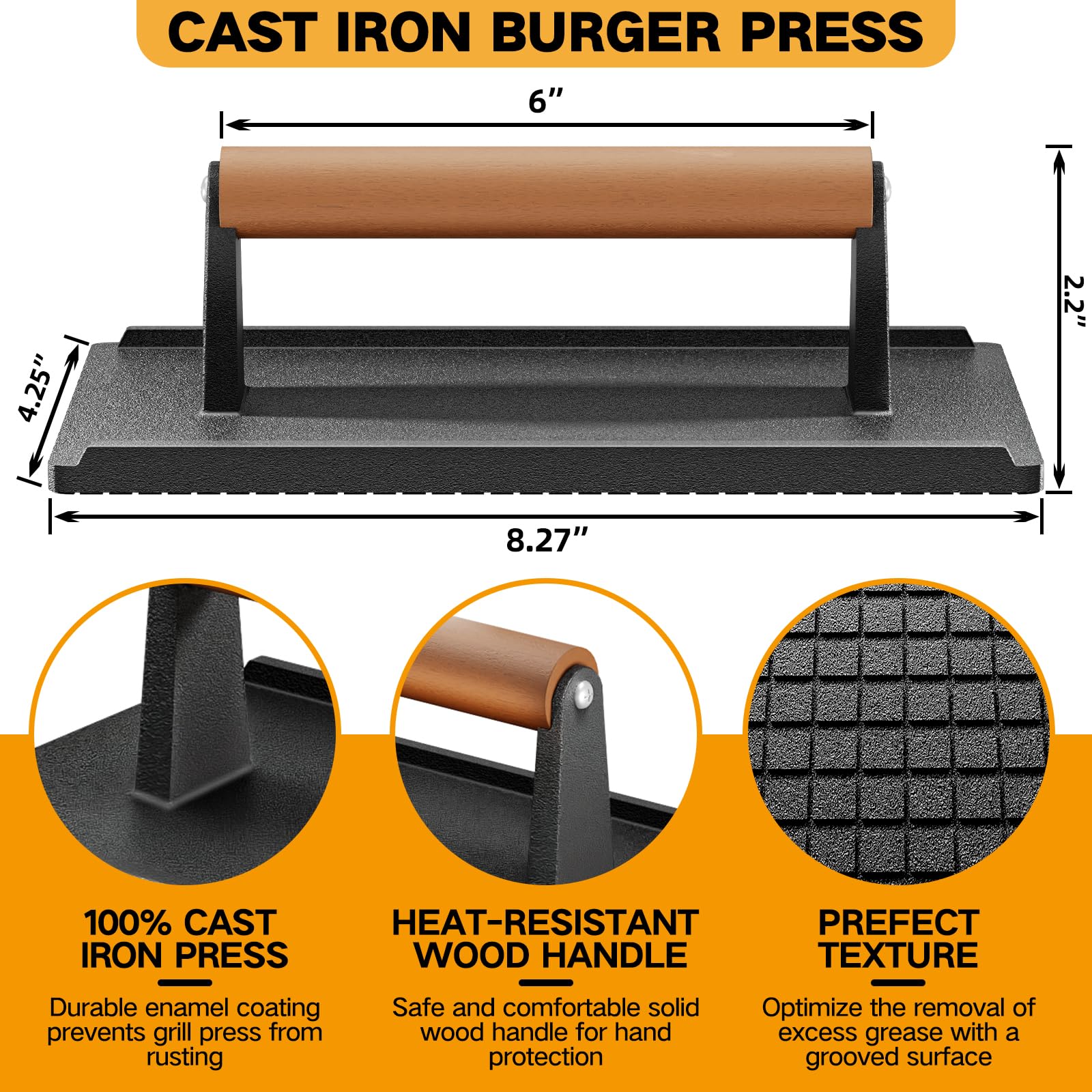 Yoehka Cast Iron Grill Press-2PCS, Heavy Duty Bacon/Burger/Griddle/Chef Press with Wood Handle, Perfectly Grilled Steak,Meat,Sandwich,Panini, 2.25lbs Cooking Weight,Rectangle(8.27"×4.25"×3.35”in)