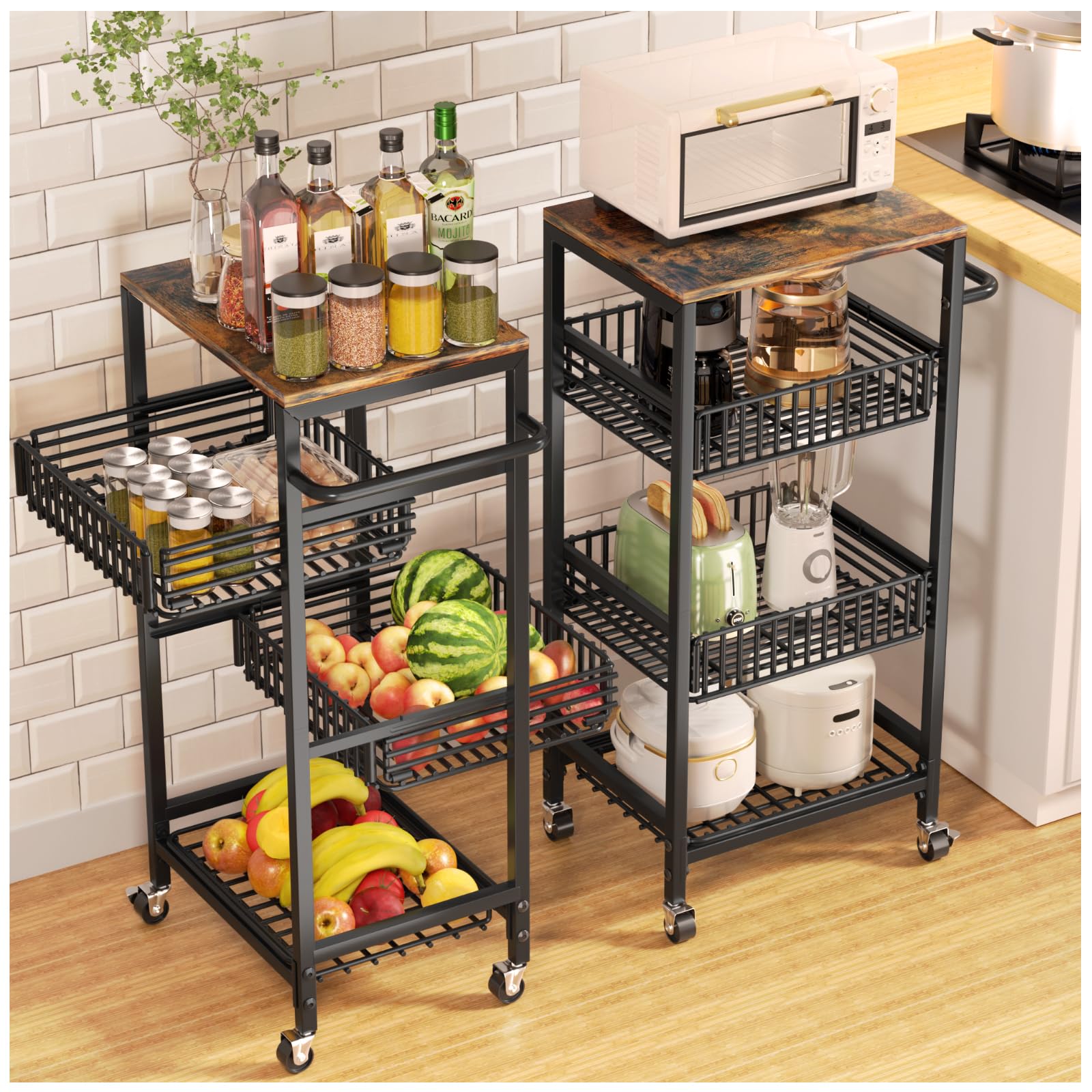 4Tier Roling Cart, Utility Cart, Storage Cart, Kitchen Carts on Wheels with Wood Top, Pull-Out Wire Basket for Fruit, Black