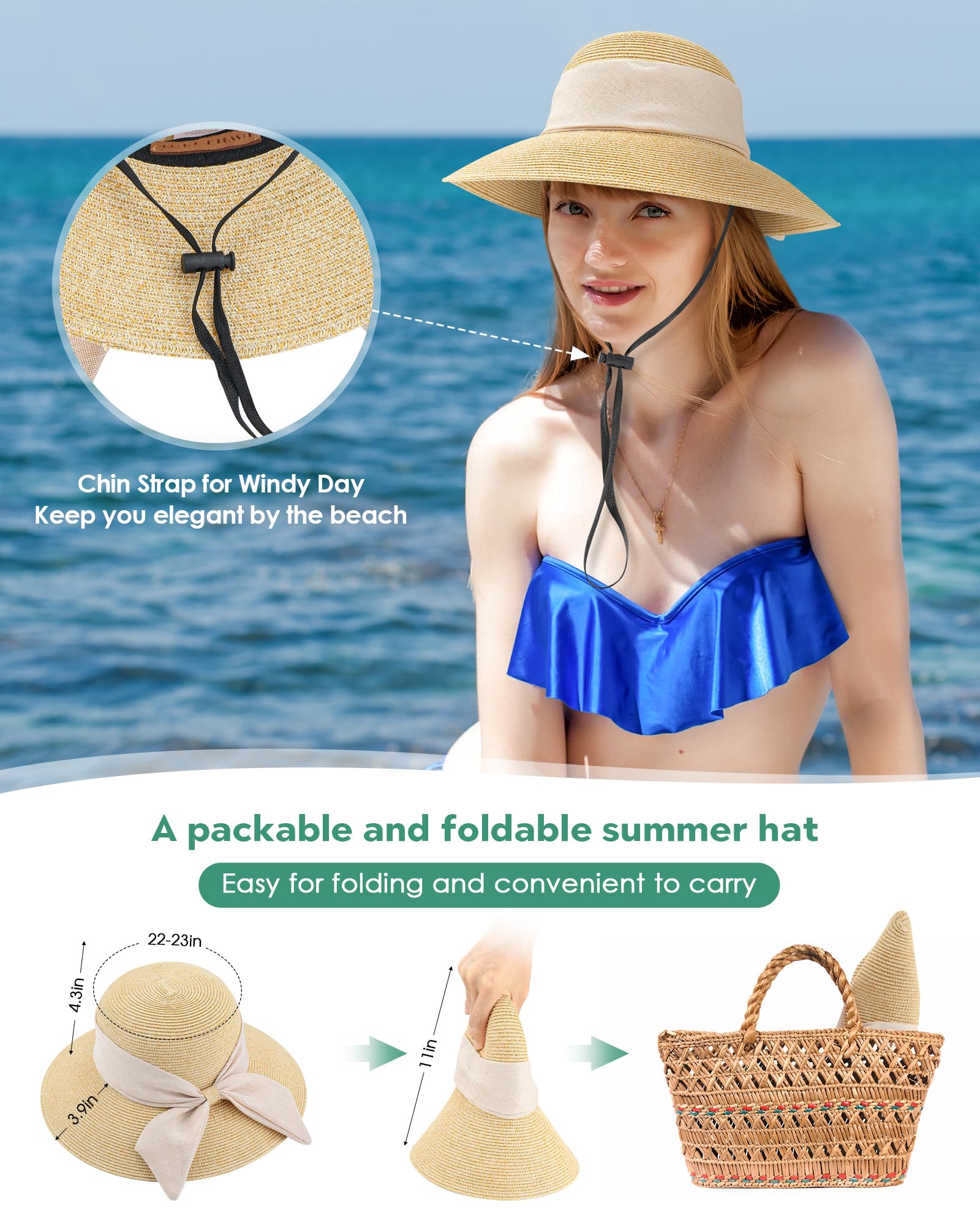 UWILL Cute Sun Hat Womens Wide Brim Foldable Straw Hats Beach Sun Hats for Women Floppy Summer Hats UPF 50+ (as1, Alpha, m, l, Beige) 1