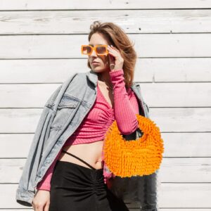 Abbylike Y2k Fuzzy Orange Purse and Orange Sunglasses for Women Cute Plush Fluffy Tote Bag Square Retro Sunglasses Fuzzy Purse for Women Christmas Thanksgiving Gift