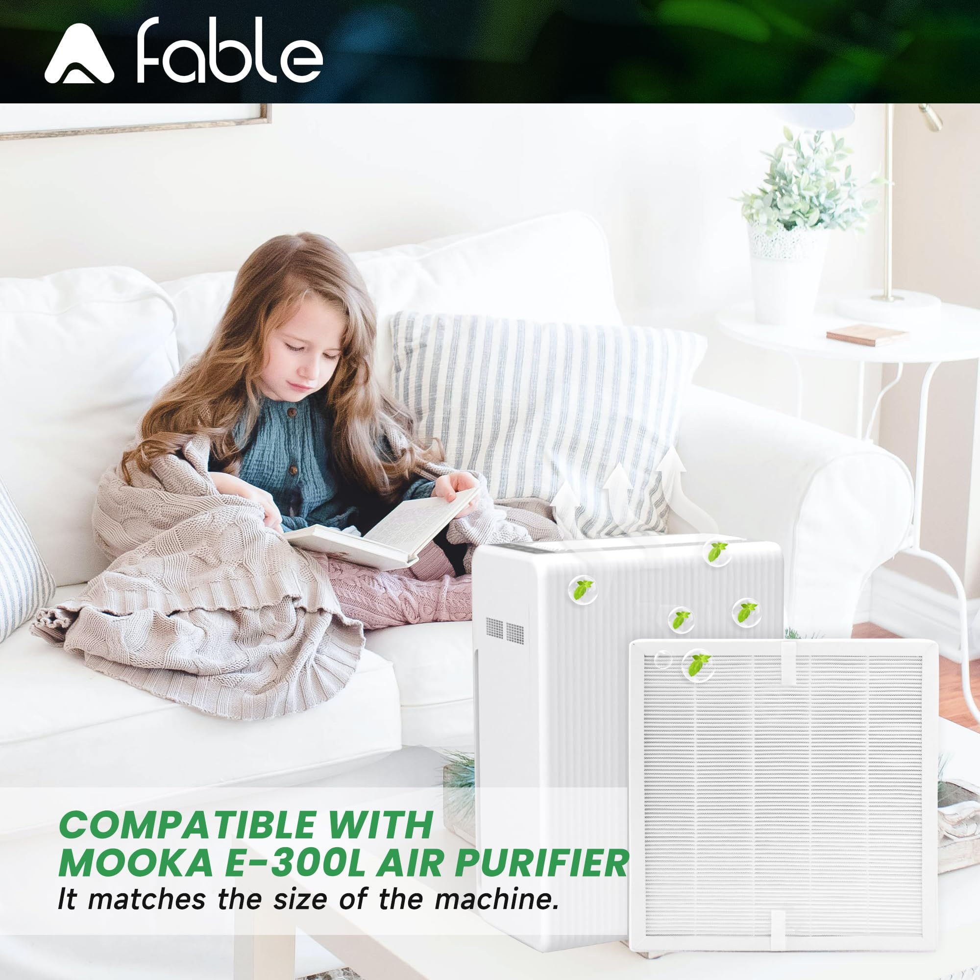 A Fable E-300L Replacement Filter Compatible with mooka and mooka family E-300L Air Purifier, 3 in 1 with Pre-Filter, H13 True HEPA Filter, 2 Pack