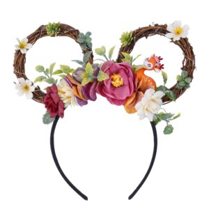 VISSTREE Rose Mouse Ear Headband - Woodland Branches Led Light Up Mouse Ear Headwear Crown with Squirrel and Flower for Women Girls Halloween Birthday Party Amusement Park Halloween Photoshoot