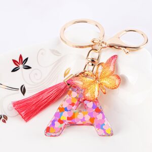 Suweibuke Colourful Cute Initial Letter Keychains for Women Girls with Tassel Butterfly, Charm for Purse Backpacks Handbags Schoolbags (Colorful Pink-A)