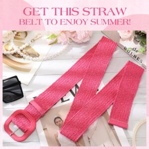 Syhood Women Straw Woven Belt Elastic Rattan Waist Belt Stretch Boho Dress Braided Belt Raffia Belt with Wood Buckle for Girl (Rose Red)