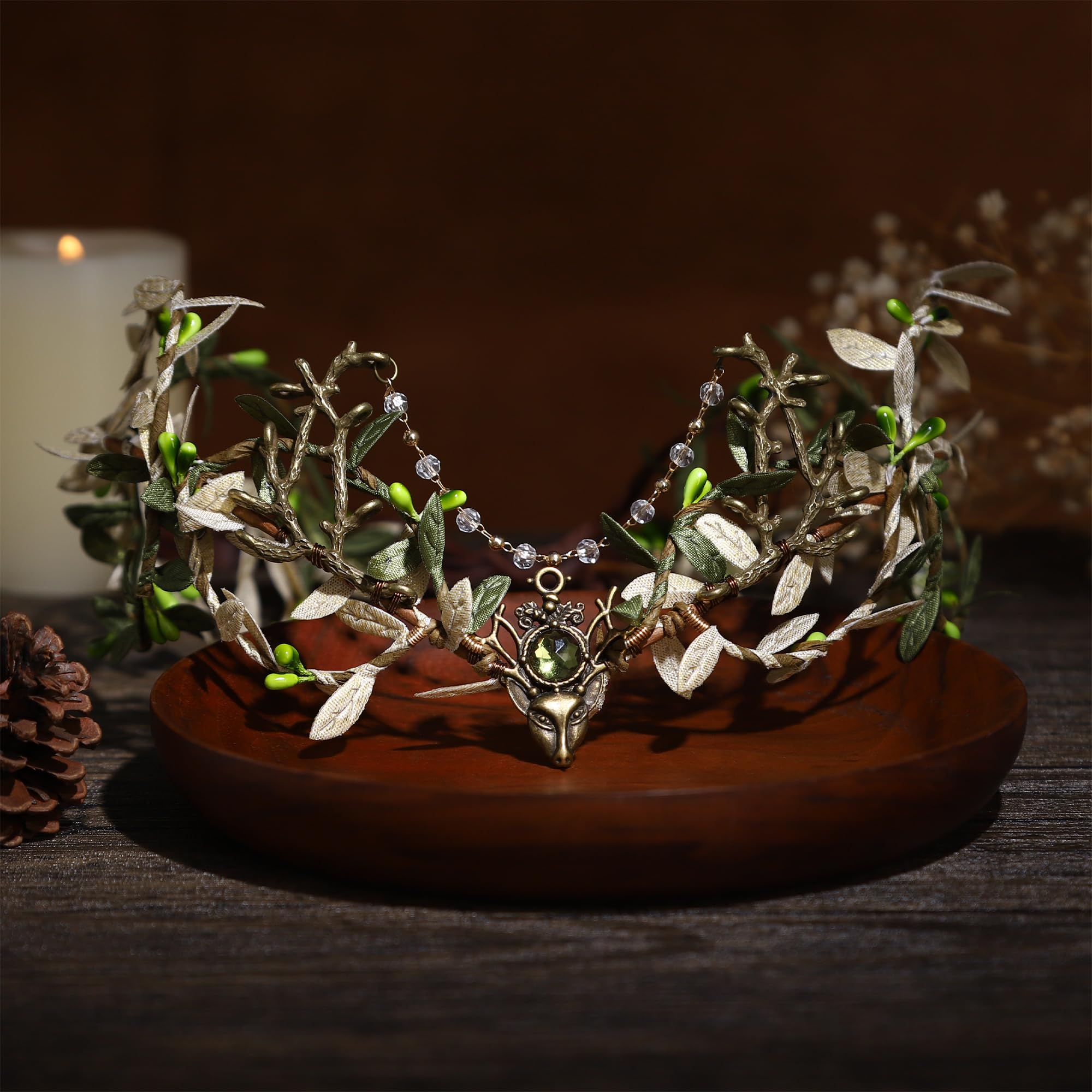 MOSTORY Handmade Forest Leaf Crown - ELf Woodland Hadpiece Fairy Green Branch Tiara Elven Vine Circlet with Rhinestone Tassel for Renaissance Party Cosplay Halloween Photo Prop