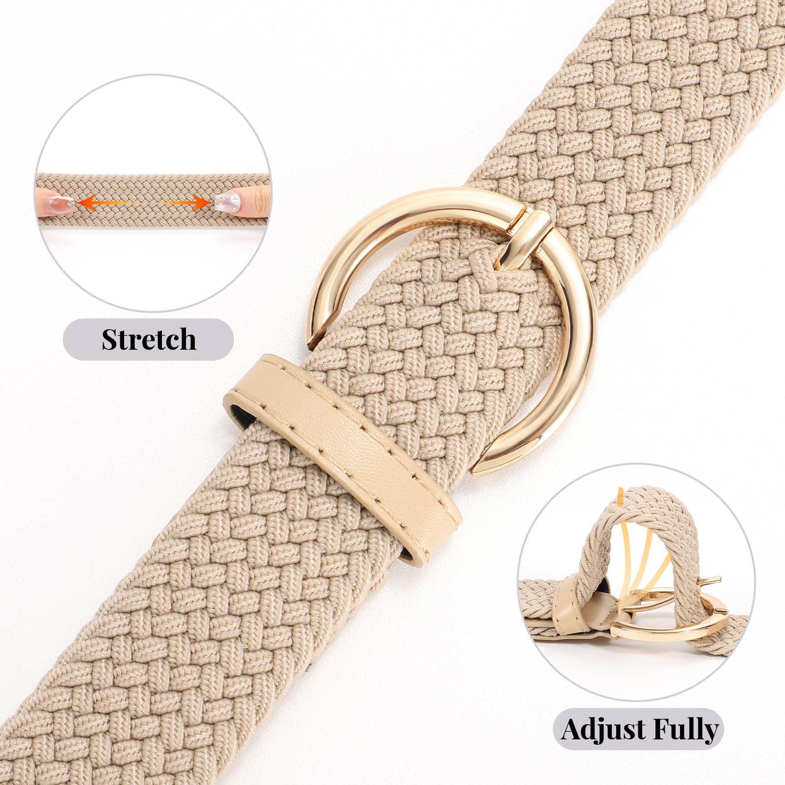 JASGOOD Women Braided Woven Elastic Stretch Belt Canvas Casual Belt for Jeans Pants, A-Beige