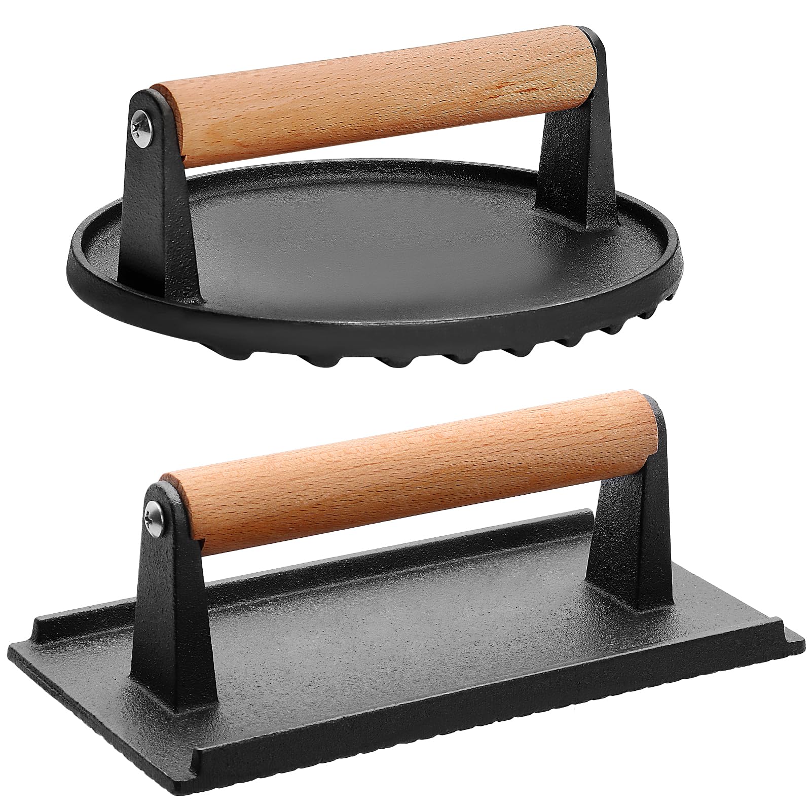 CEKEE Burger Press Set of 2, Cast Iron Grill Press with Wood Handle, 7" Round & 8.2"X 4.3" Rectangle, Heavy-Duty Hamburger Smasher Tool Perfects for Blackstone Griddle, Flat Tops & Meat Grill