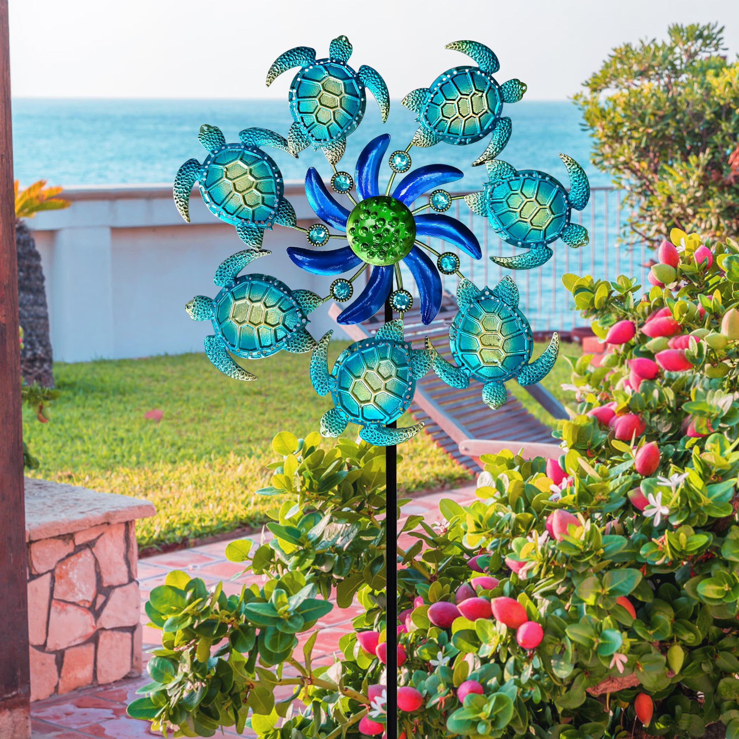 COOZZYHOUR 39" Sea Turtle Wind Spinners Garden Stake-Ocean Theme Outdoor Decorations- Metal Stake Yard Spinner-Wind Sculpture Yard Art Decorations for Patio,Swimming,Lawn & Garden Decor