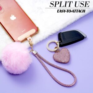 HONYJOOM Pink Heart Keychains for Women, Cute Bling Wristlet Accessories Girly Aesthetic Key Chain Charms for Car Keys, Backpack Puff Ball