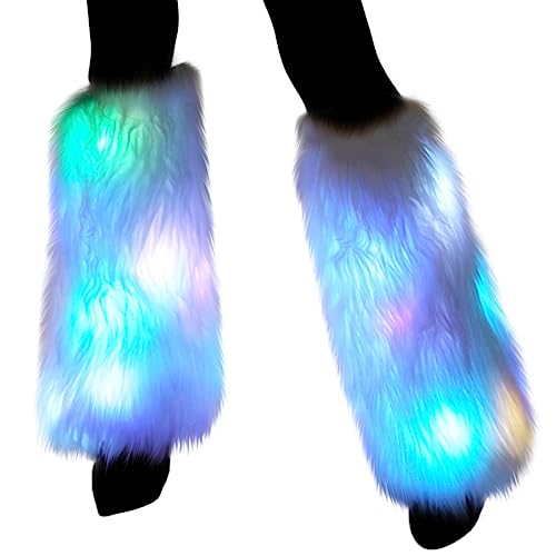 SBOCCIANO Led Fur Leg Warmers For Women Light Up Fluffies White Leg Sleeves 80S Dance Gear