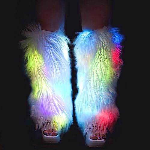 SBOCCIANO Led Fur Leg Warmers For Women Light Up Fluffies White Leg Sleeves 80S Dance Gear