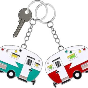 TrustBlai 2 Pack Camper Keychain Set Happy RV Camper Keyring Couples Camping Accessories for Men Women Camper Travel Trailers (red+green)