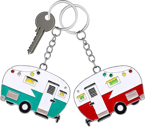 TrustBlai 2 Pack Camper Keychain Set Happy RV Camper Keyring Couples Camping Accessories for Men Women Camper Travel Trailers (red+green)